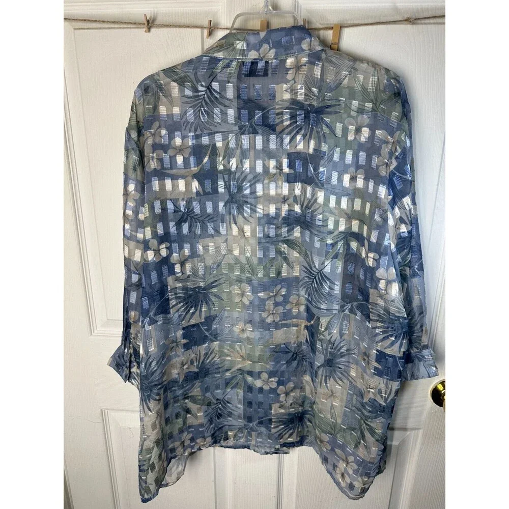 Bon Worth Sheer Big Shirt Women's XL Light Blue Floral Cool Layering Chic Casual